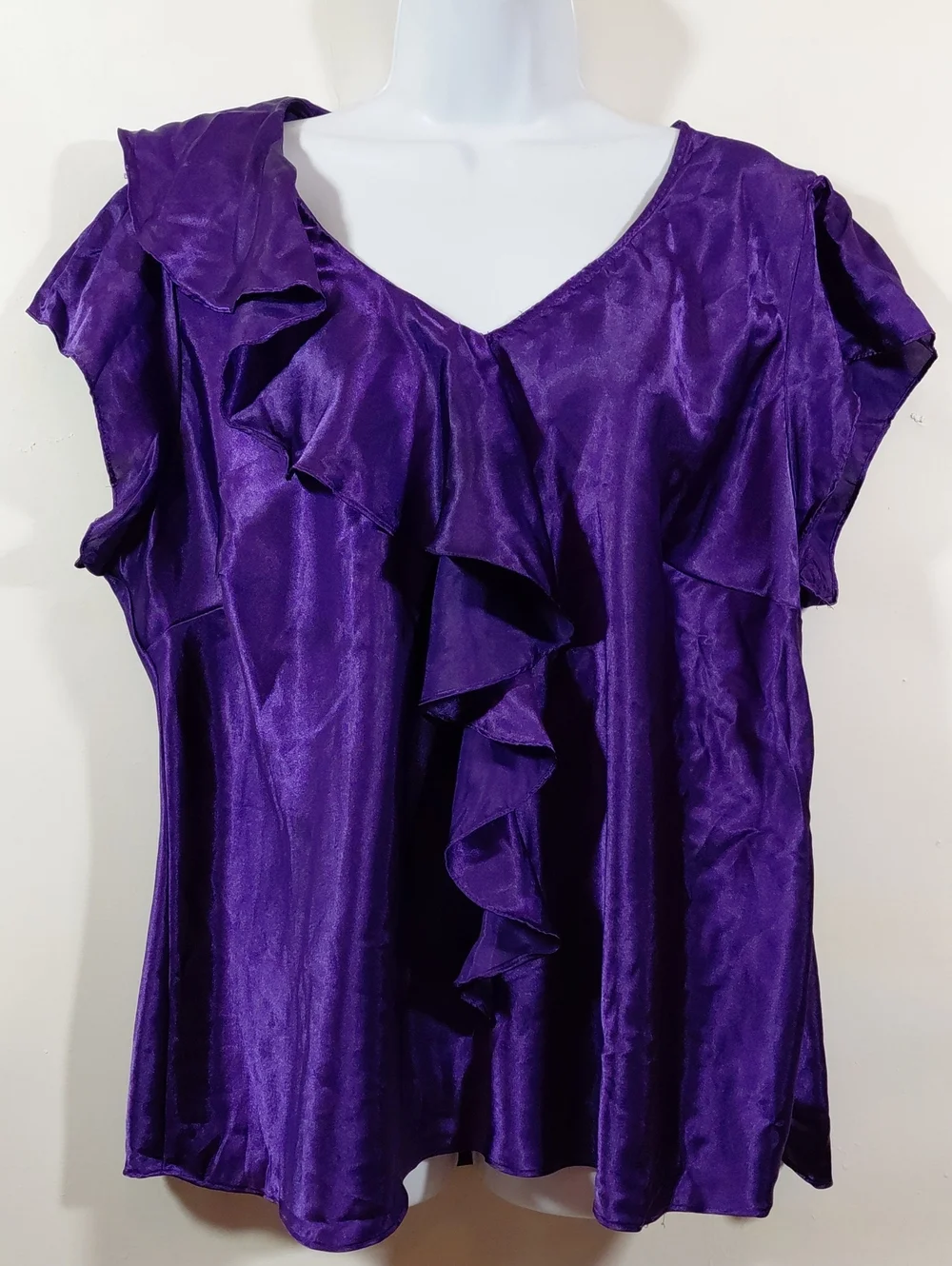 Allison Taylor Purple Satiny Short Sleeve Ruffle V-Neck Blouse 1X